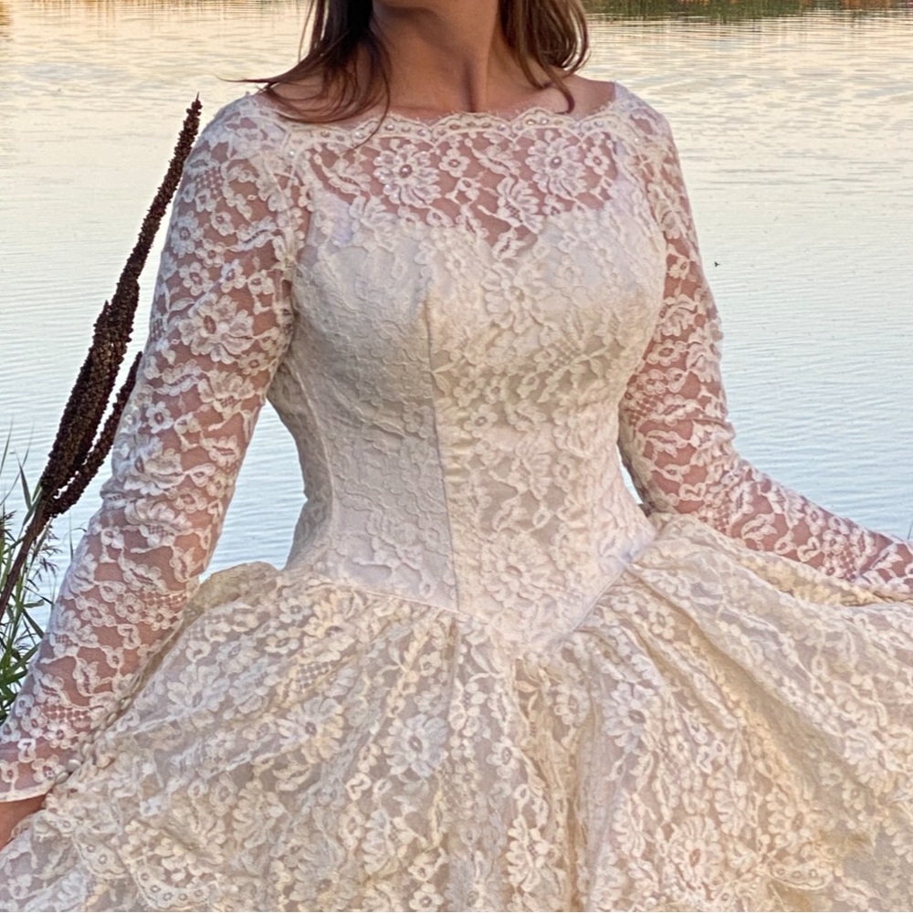 Vintage 40s/50s handmade tulle Fairy Ivory Lace Tiered Layered Wedding Dress XS - Picture 5 of 15